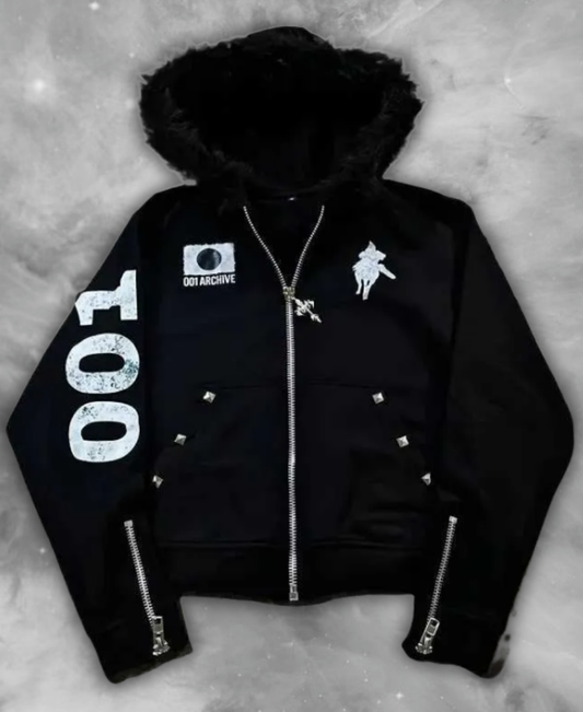 001 Archive Black Fur Hood Zip-Up Hoodie