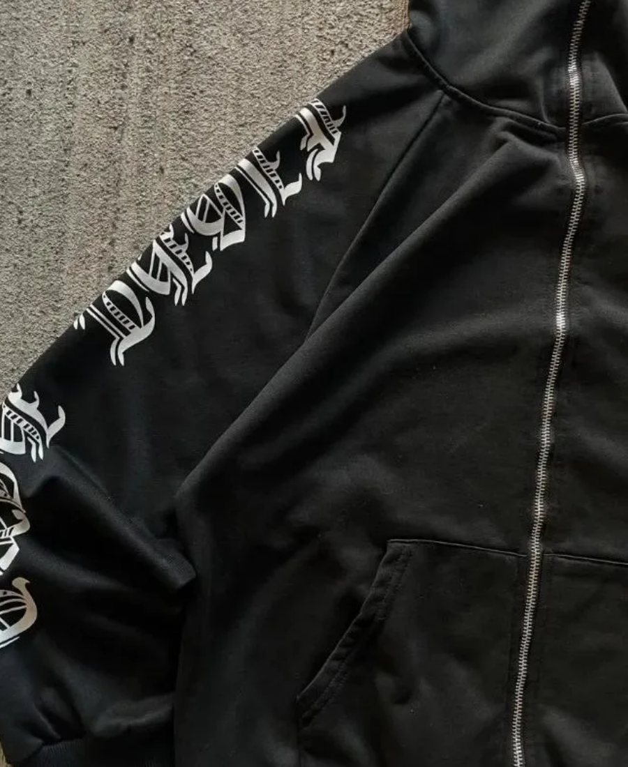Black Scripture Zip-Up Hoodie