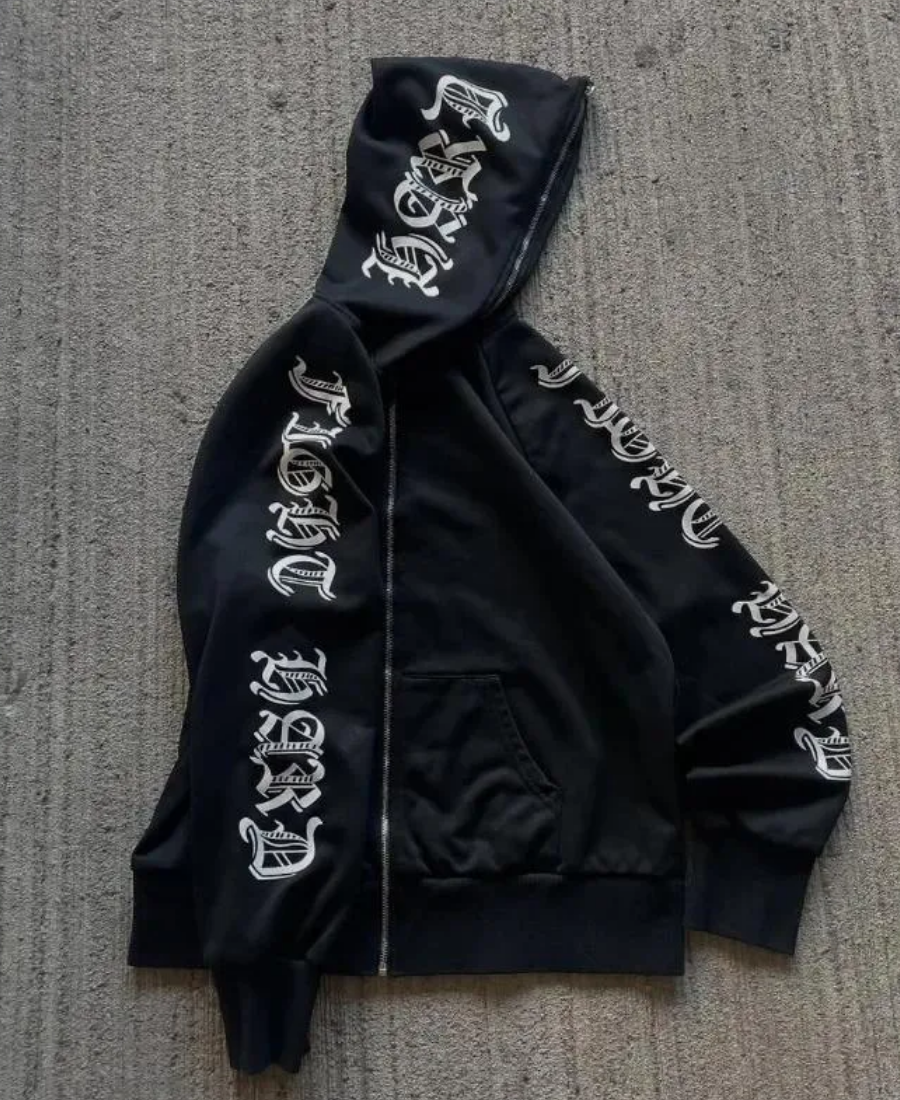 Black Scripture Zip-Up Hoodie