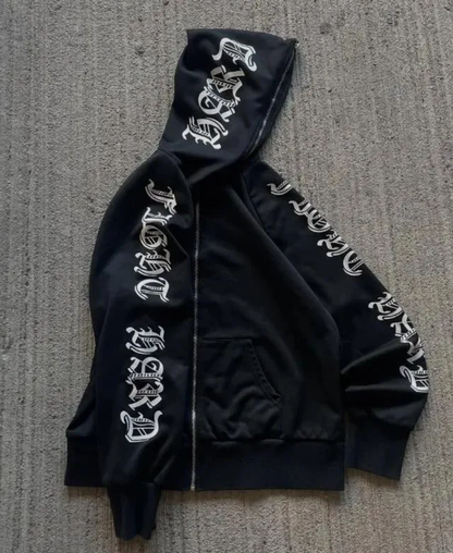 Black Scripture Zip-Up Hoodie
