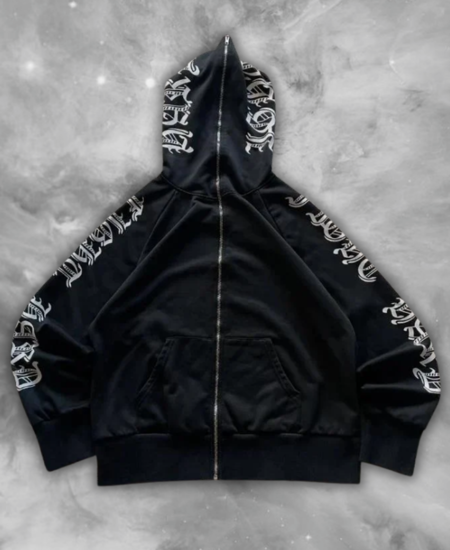 Black Scripture Zip-Up Hoodie